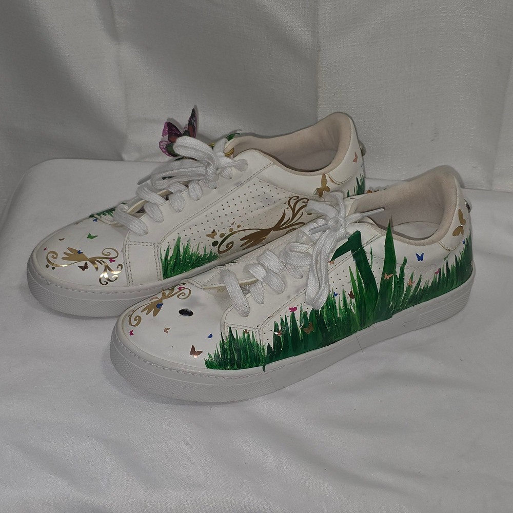 Steve Madden Custom Grass Painted Sneakers Women Size 7.5 Butterfly Charm